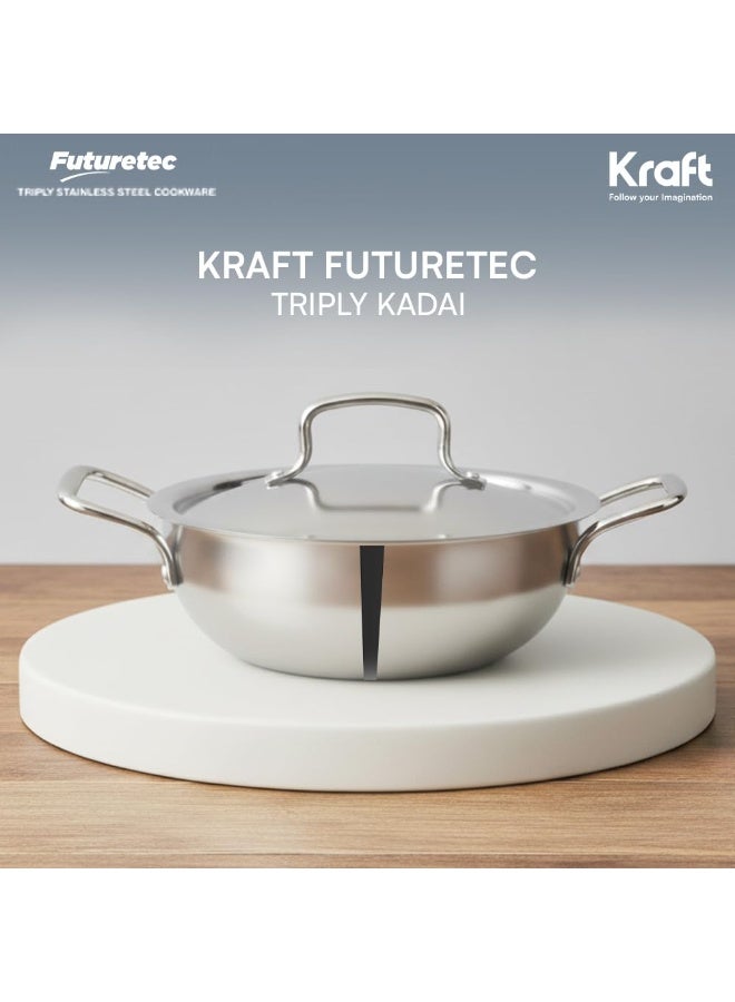 Kraft قدر كرافت فيوتيرتيك ثلاثي الفولاذ المقاوم للصدأ مع غطاء سعة 3.3 لتر (24 سم)، سمك 2.5 مم، قدر عميق إضافي | للعائلات الكبيرة والطهي الاحتفالي | توزيع حراري متساوي - Image 4